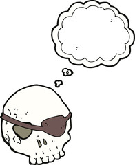 cartoon skull with eye patch with thought bubble
