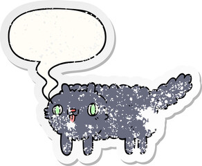 cartoon cat and speech bubble distressed sticker