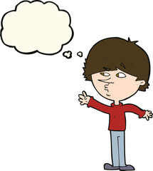 cartoon worried man reaching with thought bubble