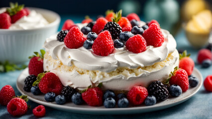 Sweet Kiwi Symphony: Top View on New Zealand Pavlova Cake with Whipped Cream