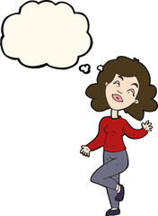 cartoon happy woman dancing with thought bubble