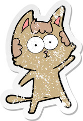 distressed sticker of a happy cartoon cat