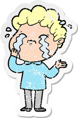 distressed sticker of a cartoon man crying