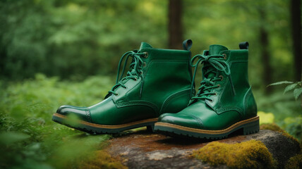Trendy Strides: Dark Green Boots Pair on a Light Green Background
