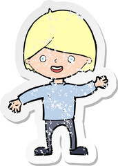 retro distressed sticker of a cartoon waving boy