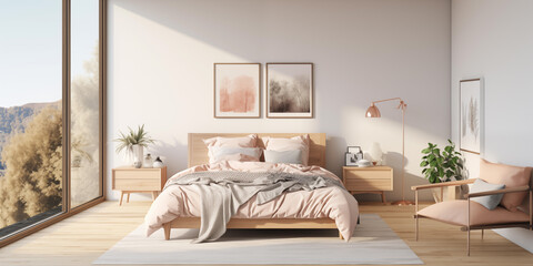 Peach fuzz bedroom design with peach shades. stylish bedroom with a bed and chair with two mockup on background, trendy color of the year 2024, peach fuzz interior design