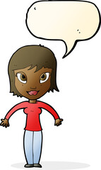 cartoon woman shrugging shoulders with speech bubble