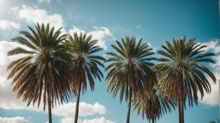 Obraz premium Elevated Serenity: Upward View of Palm Trees Dancing against a Blue Summer Sky