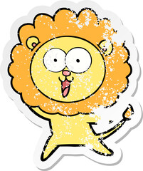 distressed sticker of a happy cartoon lion