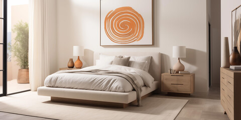Peach fuzz bedroom design with peach shades. stylish bedroom, a bed with shite bed sheet and abstract art design on back wall, trendy color of the year 2024, peach fuzz interior design