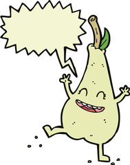 cartoon happy dancing pear with speech bubble