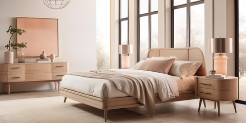 Obraz premium Elegant bedroom design peach shades stylish bedroom small candles table bedroom interior design 