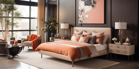 Peach fuzz bedroom design with peach shades. stylish bedroom, a bed with lamps and chair with round tales trendy color of the year 2024, peach fuzz interior design
