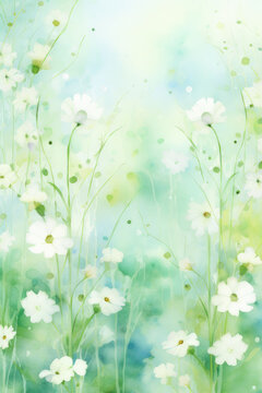 pastel watercolor floral background image with white flowers, in the style of light emerald and white
