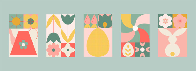 Abstract modern easter geometric cards, banners. Spring, easter postcards with flowers, bunny, pinwheel. - obrazy, fototapety, plakaty