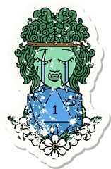 sad orc barbarian character face with natural one d20 roll grunge sticker