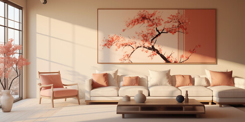 Peach fuzz Living room design with peach shades. stylish living room with  a sofa low angle coffee table, trendy color of the year 2024, peach fuzz interior design