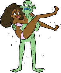 cartoon swamp monster carrying woman in bikini