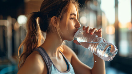 Side view of a young woman drinking water in a fitness setting.