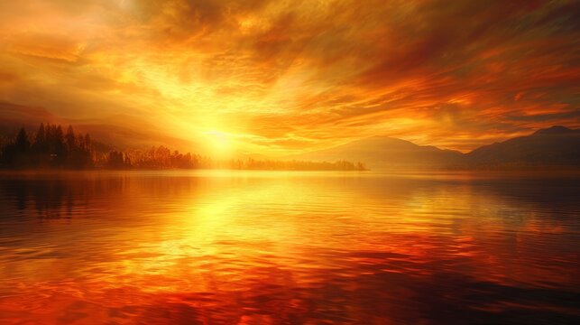 Sunset on the lake. Beautiful sunset over the lake. Natural background. A breathtaking sunrise over a tranquil lake, casting a warm, golden glow on the water's surface. 