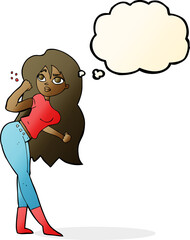 cartoon woman raising fist with thought bubble