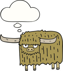 cartoon hairy cow and thought bubble