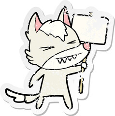 distressed sticker of a angry wolf cartoon with placard