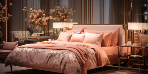 Peach fuzz bedroom design with peach shades. stylish bedroom with indoor plants and lamps on side glass table, trendy color of the year 2024, peach fuzz interior design
