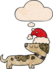 cartoon dog wearing christmas hat and thought bubble in grunge texture pattern style