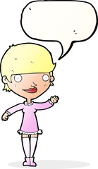 cartoon waving woman with speech bubble