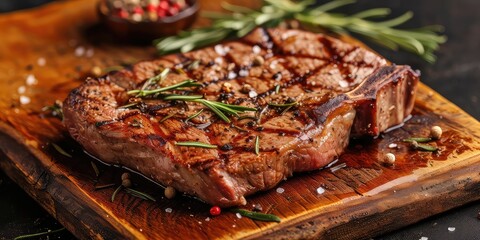 T-Bone Steak Grilled to Perfection! Sprinkled with Rosemary and Spices on a Rustic Background - Tempting and Flavorful