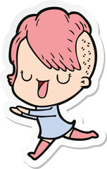 sticker of a cute cartoon girl with hipster haircut