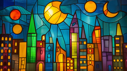Tranquil Dawn: A Stained Glass View of a Morning City