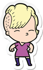 sticker of a cartoon squinting girl