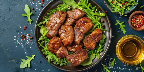 Slices of Fried Meat from Above! With Olive Oil Salad, Seasonings on a Dark-Blue Desk - Healthy and Delicious - Soft Natural Light - obrazy, fototapety, plakaty
