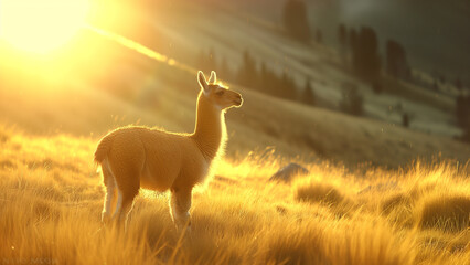 Alpine Serenity: A Lama Grazing in Morning Light