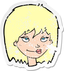 retro distressed sticker of a cartoon smiling woman