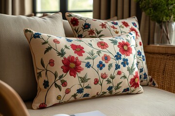 A cozy flower-adorned cushion adds a touch of comfort and elegance to any indoor space, making it the perfect accent piece for a stylish sofa or wall display