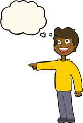 cartoon man pointing and laughing with thought bubble