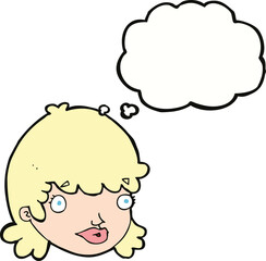 cartoon female face with surprised expression with thought bubble
