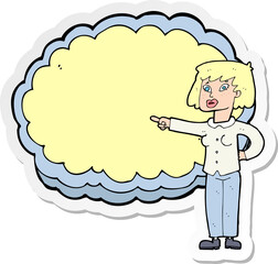 sticker of a cartoon woman with text cloud space