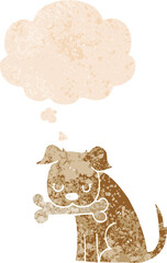 cartoon dog and thought bubble in retro textured style