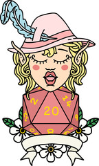 elf bard with natural twenty dice roll illustration