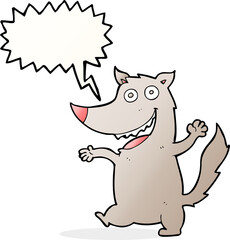 cartoon happy wolf with speech bubble