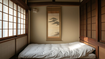 Tranquil Harmony: A Centred Painting in a Traditional Japanese Bedroom