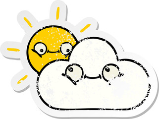 distressed sticker of a cute cartoon sunshine and cloud