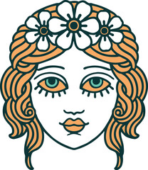 tattoo style icon of female face with crown of flowers