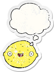 cartoon lemon and thought bubble as a distressed worn sticker