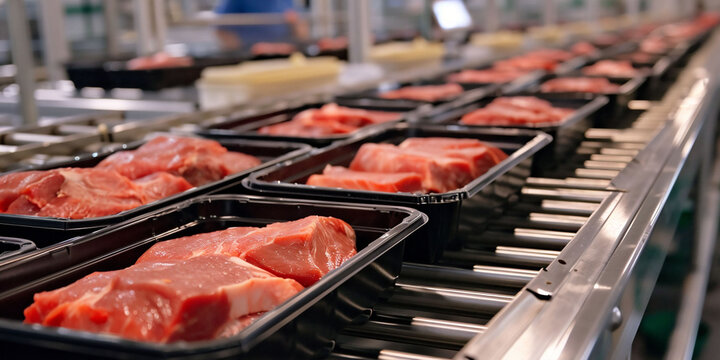 Trays of red meat progress through an automated processing line, inside a meatpacking facility. streamlined efficiency of food production, industrial automation and supply chains.