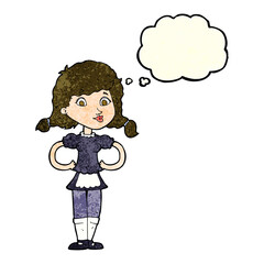 cartoon happy waitress woman with thought bubble